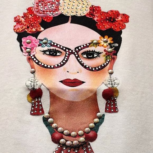 FRIDA Sublimated w/Rhinestone L, Bling Tee, Exclusive. Handmade. WHITE - Picture 7 of 7